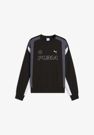 Czarna bluza Puma z długim rękawem, szarymi i białymi panelami bocznymi, logo Puma oraz dużym napisem "PUMA" na piersi.