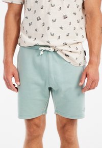 Lichtblauwe shorts gemaakt van zachte stof. Voorzien van een tailleband met trekkoord en stikseldetails. Gepaarde met een kortgebouwde, geprinte shirt.