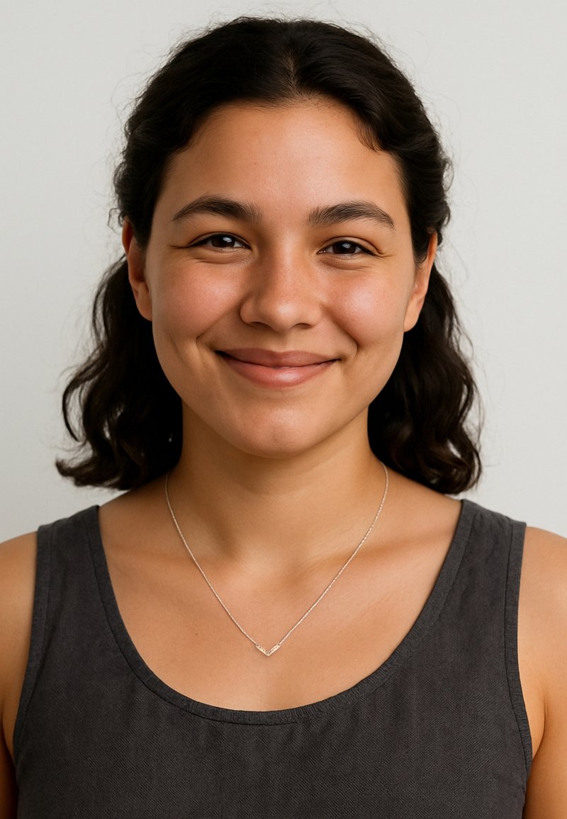 Kobieta w ciemnej koszulce bez rękawów i delikatnej srebrnej naszyjniku z małym geometrycznym wisiorkiem, na neutralnym tle.