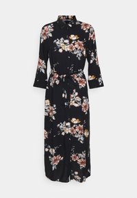 Černé květinové šaty s knoflíkovým předním zapínáním, vycpaným límcem, třičtvrtečními rukávy a odpovídajícím páskem. Obsahují velké květiny v teplých tónech.