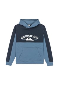 Hooded sweatshirt in blue and navy with a front kangaroo pocket, white "Quiksilver" logo across the chest, and ribbed cuffs.