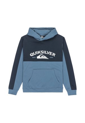 Hoodie in blauw en marine met een vooraanstaande kangoeroezak, wit "Quiksilver" logo op de borst en ribgebreide boorden.