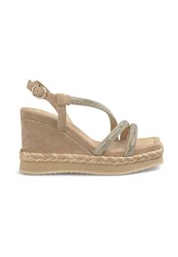 Beige wedge sandals with metallic straps, suede upper, and braided jute sole. Features an adjustable ankle strap and textured footbed.