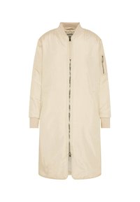 Beige langer Bomberjacke aus glattem Stoff mit Reißverschluss, gerippten Ärmeln und Seitentaschen, im minimalistischen Design.