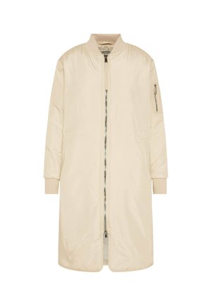 Beige long bomber jacket made of smooth fabric with a zip closure, ribbed cuffs, and side pockets, featuring a minimalist design.