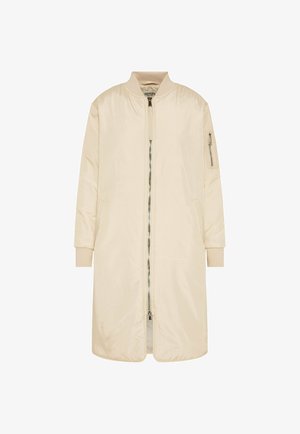 Beige long bomber jacket made of smooth fabric with a zip closure, ribbed cuffs, and side pockets, featuring a minimalist design.