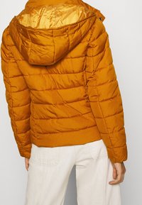 Giacca a vento gialla senape con pannelli orizzontali trapuntati, cappuccio regolabile e una fodera interna liscia. Presenta un design aderente.