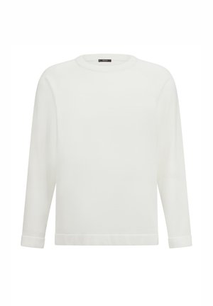 Valge pikkade varrukatega pullover ümmarguse kaelusega, mansetiga varrukad ja sile tekstuur. Minimalistlik disain ilma mustrite ja kaunistusteta.