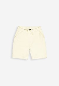 Leinenmischung-Shorts in hellbeige mit strukturierten Oberflächen, elastischem Bund, Kordelzugverschluss und seitlichen Taschen.