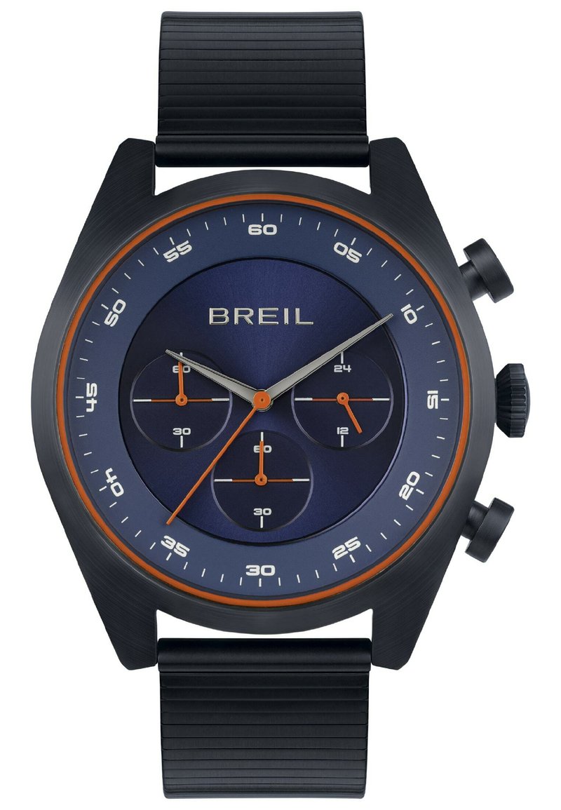 Schwarze Chronographuhr mit einem dunkelblauen Ziffernblatt, orangefarbenen Akzenten, silbernen Zeigern und drei Unterzifferblättern. Gummiband mit strukturiertem Finish.