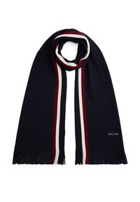 Marineblauwe sjaal met rode, witte en marineblauwe strepen langs de randen, franjes aan de uiteinden en een klein rechthoekig Tommy Hilfiger logo opgenaaid.