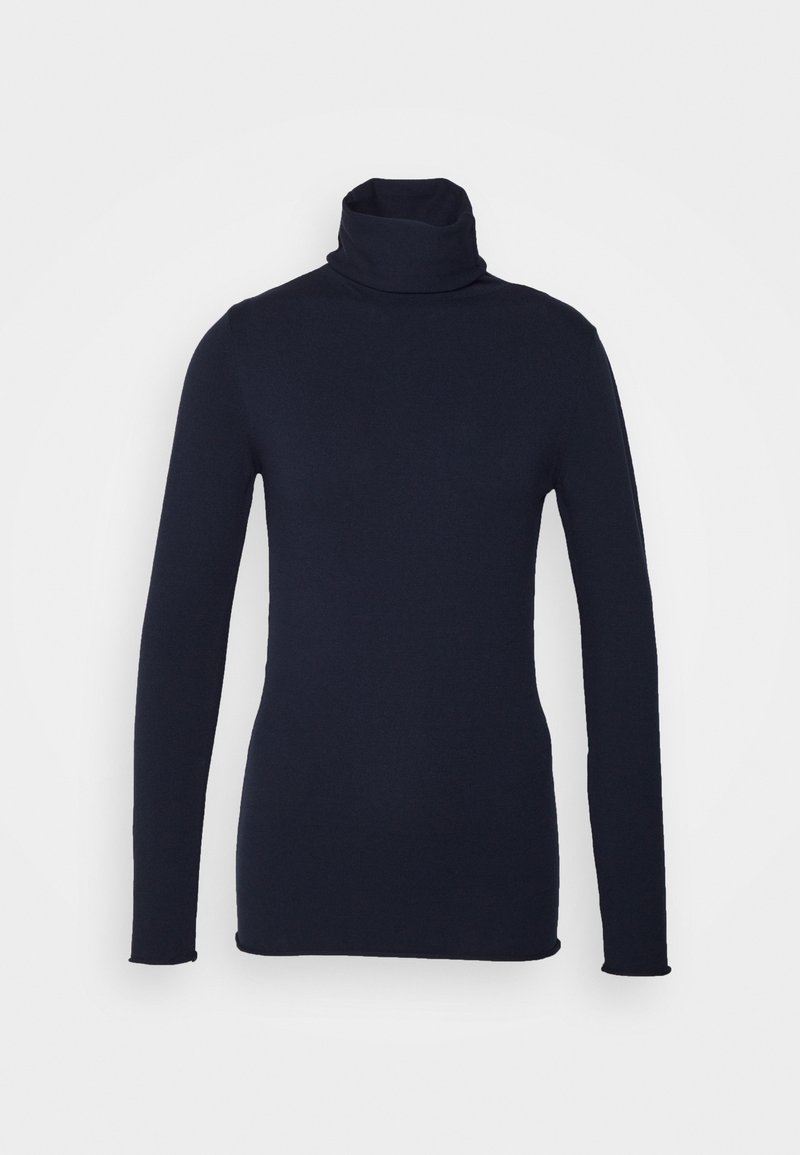 Pull en laine bleu marine à col roulé à manches longues avec une silhouette ajustée, présenté sur un fond léger uni.