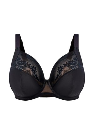 Soutien-gorge noir à armatures avec des bonnets en tissu lisse, des accents en dentelle et des panneaux en maille. Il dispose de bretelles réglables et d'un détail en forme de nœud au centre.