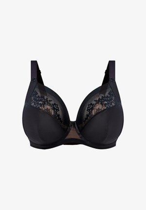 Musta rintsikka, jossa on sileät kangaskupit, pitsikoristelu ja verkkopaneelit. Ominaisuuksiin kuuluu säädettävät hihnat ja keskellä oleva nauhakoriste.