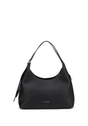 Zwarte lederen schoudertas met een enkele band en klein "David Jones" logo aan de voorkant in het midden.