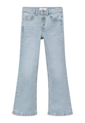 Jean en denim bleu clair avec taille haute, trois boutons métalliques, poches avant et jambes légèrement évasées.