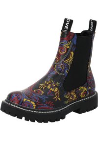 Svarta Chelsea-boots med ett blommönster i rött, blått och gult. Har elastiska sidopaneler och en tjock, ruggad sula.