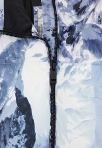 Puffy jack met een blauw-wit abstract patroon, ritssluiting en een capuchon. De stof lijkt glad en isolerend.