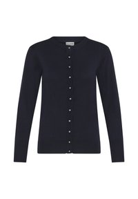 Marineblauwe cardigan van gebreide stof, met een ronde halslijn, lange mouwen en een knopenfront met decoratieve metalen knopen.