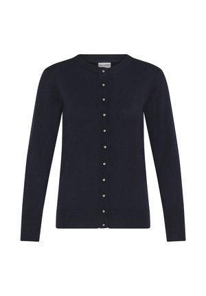 Cardigan blu navy realizzato in tessuto lavorato a maglia, con scollo rotondo, maniche lunghe e chiusura frontale con bottoni decorativi in metallo.