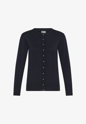 Granatowy kardigan z dzianiny, z okrągłym dekoltem, długimi rękawami i zapięciem na guziki z ozdobnymi metalowymi guzikami.