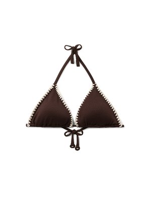 Brun tekstureret trekantet bikinitop med hvide bølgede kanter og justerbare bindebånd ved hals og ryg på hvid baggrund.