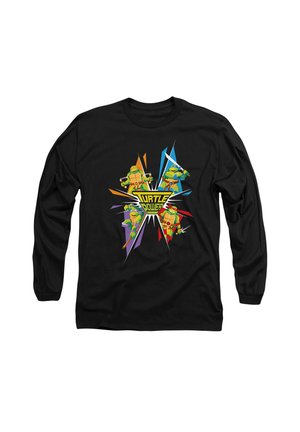 Black long-sleeve shirt featuring colorful cartoon turtles and "Turtle Power" graphic, with vibrant accents and a dynamic design.