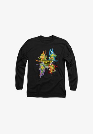 Black long-sleeve shirt featuring colorful cartoon turtles and "Turtle Power" graphic, with vibrant accents and a dynamic design.