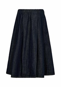 Tamno plava traper suknja s elastičnim pojasom, A-linijski oblik i nabora za dodatni volumen. Glatka tekstura s čistim rubom.