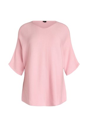 Top in maglia rosa chiaro con trama a coste, scollo a V, maniche corte larghe e vestibilità comoda. Texture liscia con dettagli minimali.