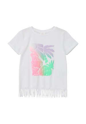 Weißes Baumwoll-T-Shirt mit einem Verlaufdruck von Sonne, Palmen und Ananas. Der untere Rand hat eine weiße Fransenverzierung.