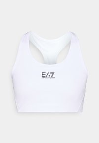 Λευκό αθλητικό σουτιέν από απαλό ύφασμα με σχεδιασμό racerback. Φέρει μαύρο λογότυπο EA7 στο μπροστινό μέρος και λεπτές τιράντες στους ώμους.