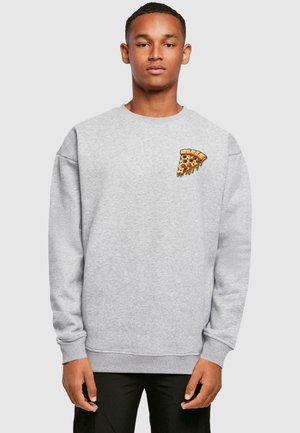 Gray sweatshirt made of cotton blend, featuring a pizza slice graphic on the left chest. Ribbed cuffs and hem, relaxed fit.