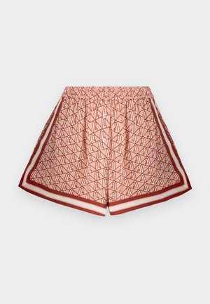 Fény rózsaszín, geometrikus mintával nyomtatott rövidnadrág. Rugalmas derékkal és kontrasztos piros szegéllyel rendelkezik. Puha szövettextúra.