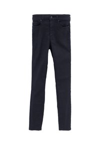 Jeans de mezclilla oscura con un corte ajustado. Las características incluyen un cierre de botón, cinco bolsillos y una textura suave sin patrones visibles.