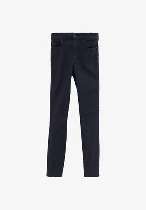 Jeans de mezclilla oscura con un corte ajustado. Las características incluyen un cierre de botón, cinco bolsillos y una textura suave sin patrones visibles.