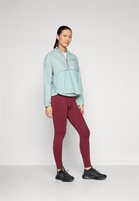 Light blue pullover with a half-zip and logo; paired with maroon leggings featuring seams. Model wears black athletic shoes.