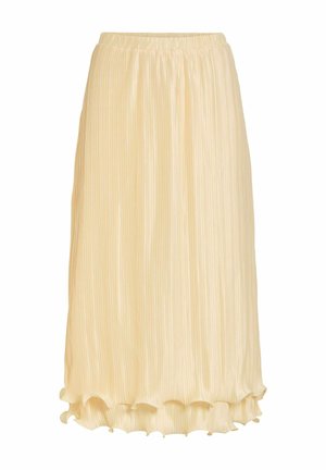 Jupe midi couleur crème avec de fines plis verticaux et une ceinture élastique, présentant un ourlet légèrement volanté.