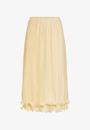 Jupe midi couleur crème avec de fines plis verticaux et une ceinture élastique, présentant un ourlet légèrement volanté.