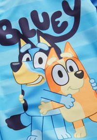 Maillot de bain bleu avec deux personnages de dessins animés de chien, l'un bleu et l'autre orange, sur un fond rayé bleu clair. Le texte indique "BLUEY."