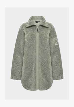 Lichtgroene fleecetrui met een volledige rits, hoge kraag en lange mouwen. Heeft een gestructureerd oppervlak en een geometrische patch op de mouw.