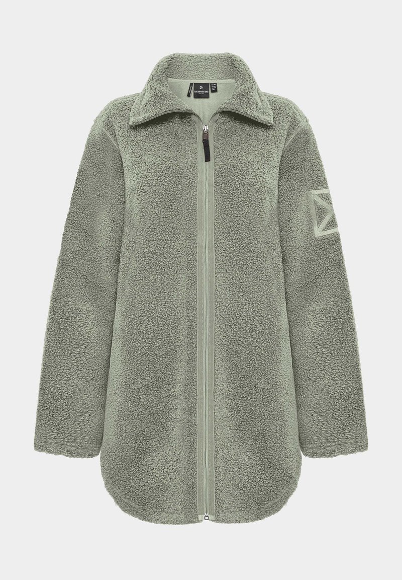 Helles grünes Fleece-Jacke mit durchgehendem Reißverschluss, hohem Kragen und langen Ärmeln. Hat eine strukturierte Oberfläche und ein geometrisches Patch am Ärmel.