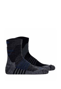 Black and dark gray socks with varying textures, featuring blue accents and striped patterns. Designed with a mid-calf height.