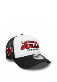 Chicago Bulls cap featuring a white front, black mesh back, red embroidered logo and text, and a curved black visor.