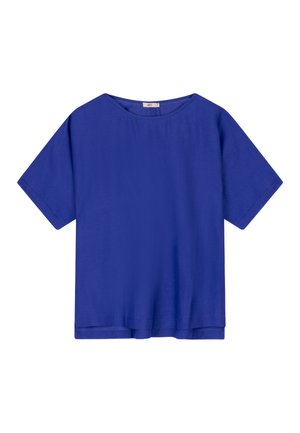 Blauw T-shirt met korte mouwen van lichtgewicht stof. Voorzien van een ronde halslijn en een ontspannen pasvorm, met een rechte zoom en zonder zichtbare patronen.