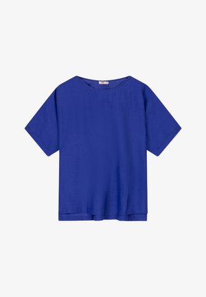 Blauw T-shirt met korte mouwen van lichtgewicht stof. Voorzien van een ronde halslijn en een ontspannen pasvorm, met een rechte zoom en zonder zichtbare patronen.