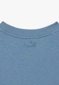 T-shirt in cotone blu chiaro con collo a coste e dettaglio del logo ricamato sul retro. Texture liscia, design minimalista.