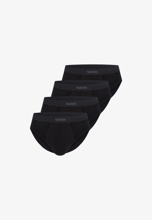 Vier zwarte herenonderbroeken met brede elastische taillebanden, elk gemerkt met "SLOGGI" in lichtgrijze letters.