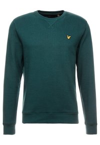 Teal sweatshirt made from a soft, textured fabric. Features a crew neck, ribbed cuffs, and a small golden emblem on the chest.