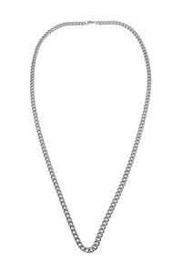 Collana in argento con maglie rotonde, texture liscia e design simmetrico, adatta per occasioni casual o formali.
